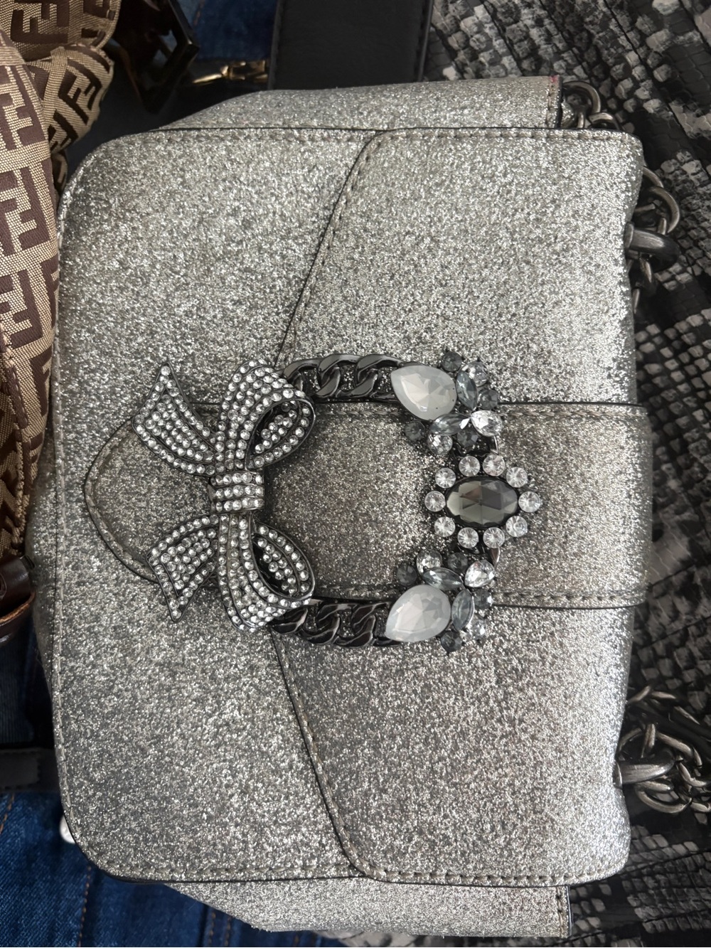Aldo Silver Glitter Crossbody with Jeweled Bow Accent